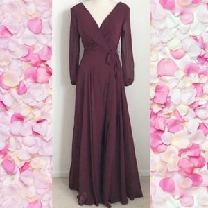Goahke Bordeaux Long Sleeve V-Neck Wrap Bridesmaid or Prom Dress size 9